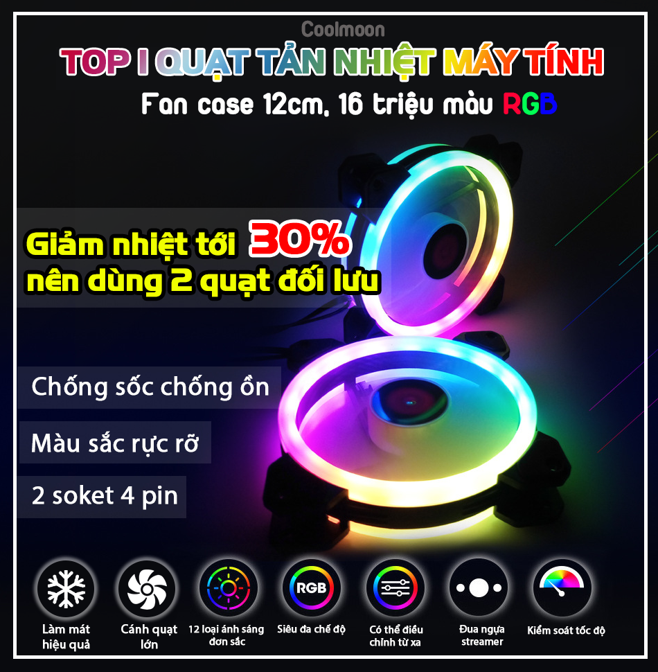 [Vouchers tích lũy] Top 1 Quạt tản nhiệt Máy Tính, Fan case 12cm Led RGB(tự thay đổi màu sắc) Coolmoon V2 gắn thùng PC, có socket 4 pin nhỏ và 4 pin lớn gắn được trên nguồn hoặc main, chống sốc, không gây ồn trang trí và làm mát Desktop computer