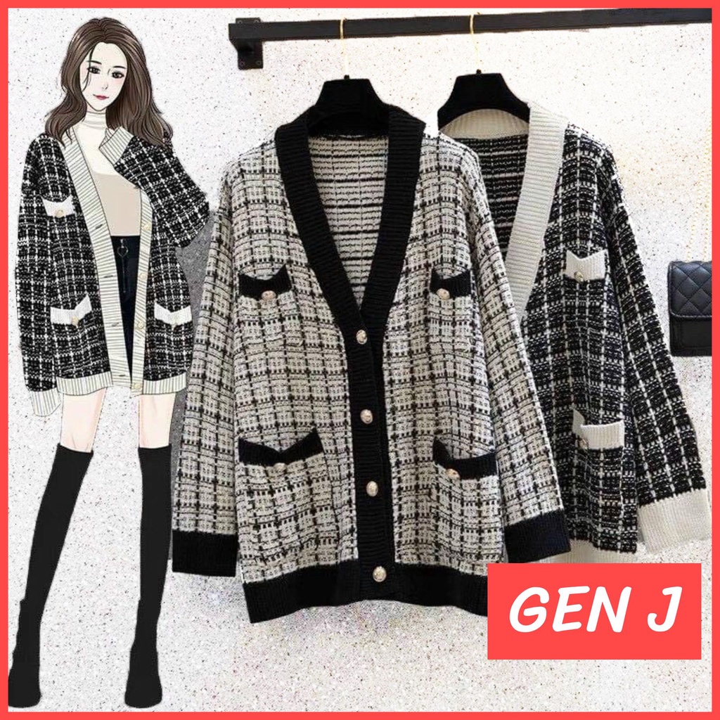 Áo khoác len cardigan nữ họa tiết kẻ kim tuyến sang chảnh - Miss gril