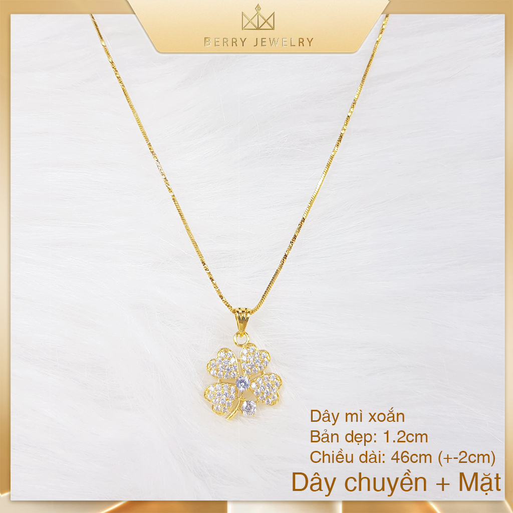 Dây chuyền nữ mặt cỏ 4 lá may mắn đính đá lớn lấp lánh phối dây mì xoắn vòng cổ mạ vàng berry jewelry