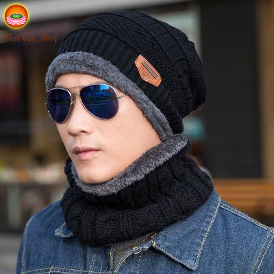 Mũ len lót nỉ thời trang giữ ấm mùa đông dùng cho cả nam và nữ, Mũ len có khăn cổ giữ ấm, mũ len, mũ len nỉ kiểu dáng hàn quốc