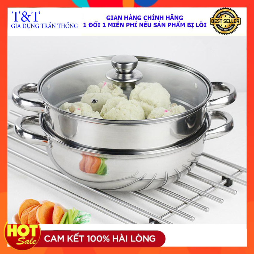 Nồi hấp 2 tầng inox - xửng hấp nồi hấp, bộ nồi hấp 2 tầng 28cm - vung bằng kính tiện dụng, chất liệu inox 304 cao cấp, nồi hấp inox 2 tầng đa năng - nồi hấp kiêm nấu lẩu