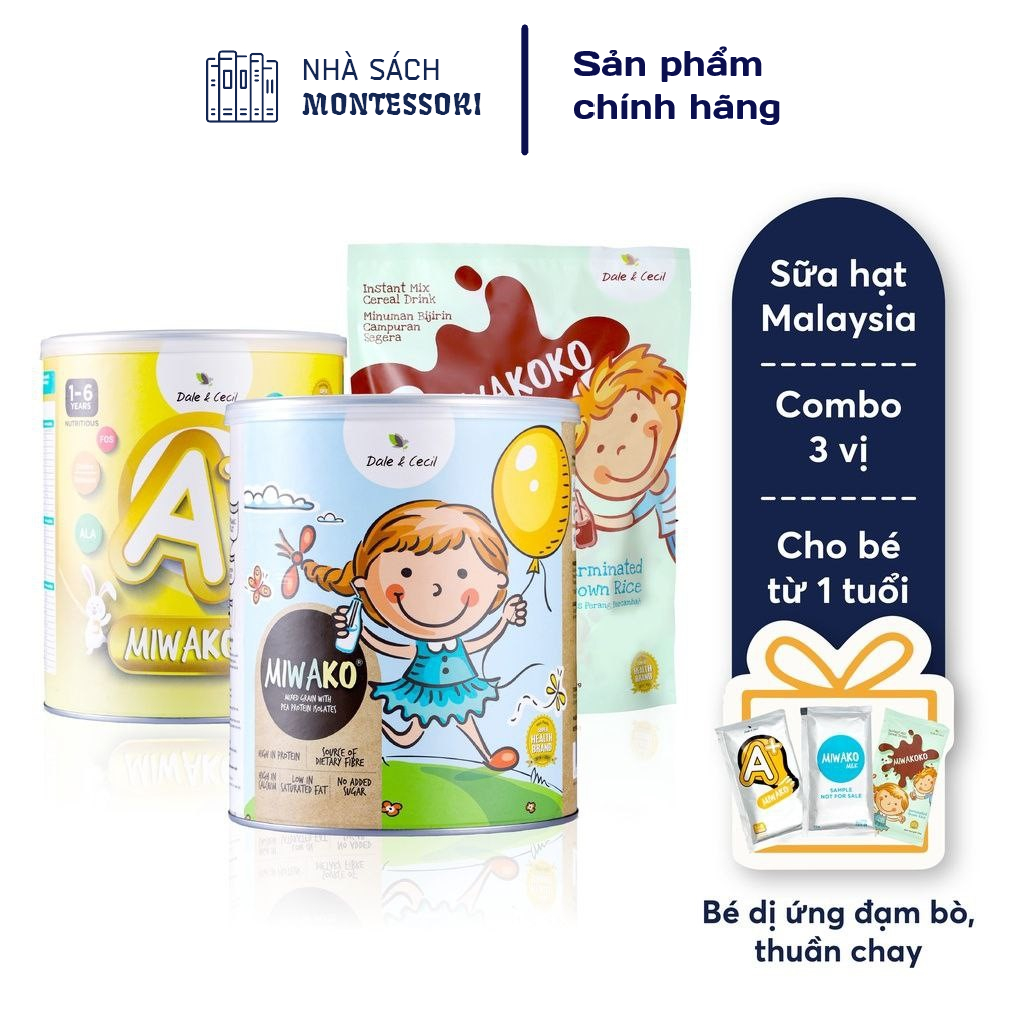 Combo 3 vị sữa hạt miwako cho bé, nhập khẩu malaysia - sữa miwako cho trẻ tăng động, dị ứng đạm bò - nhà sách montessori