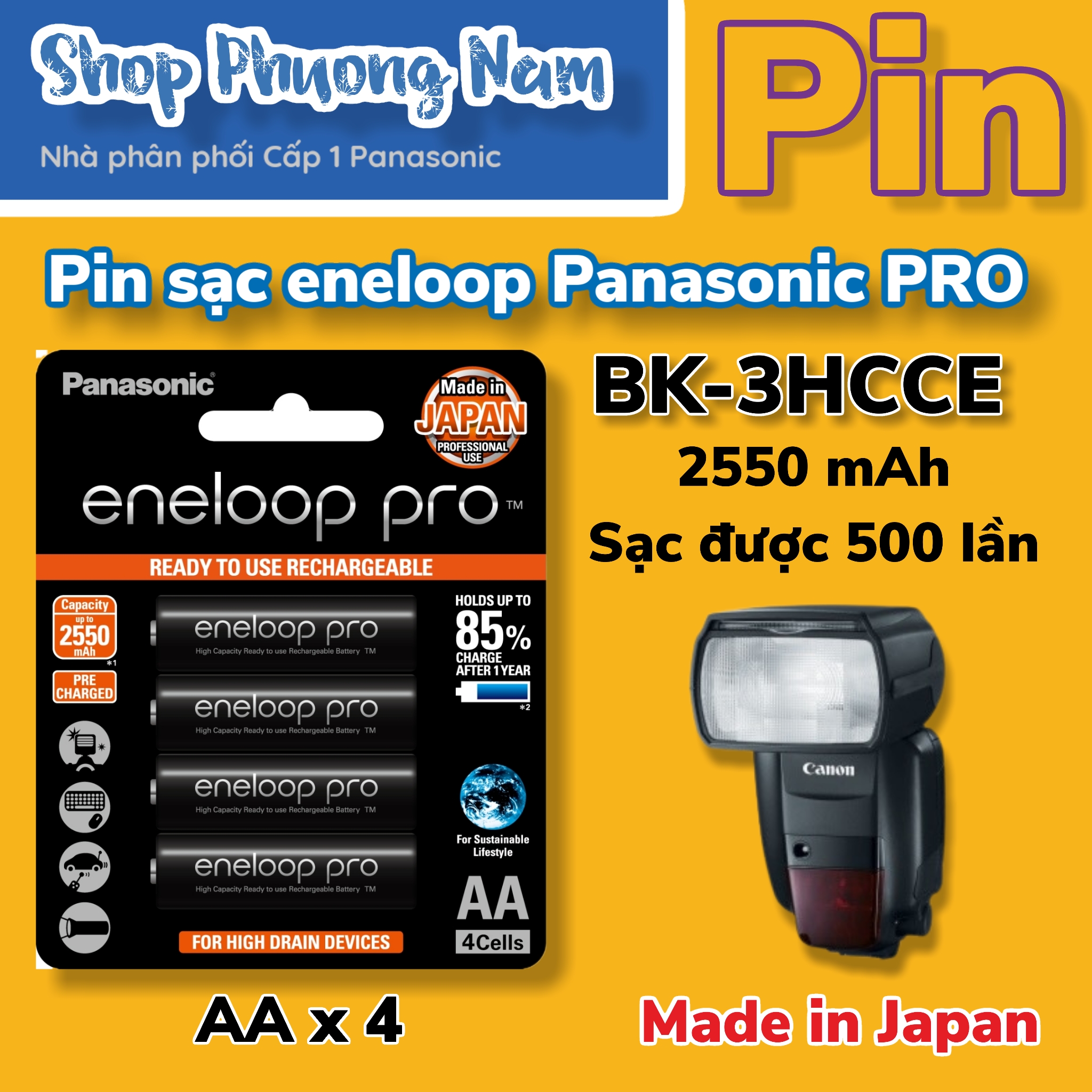 Pin sạc Panasonic Eneloop PRO (BK-3HCCE) 1 vỉ 4 viên AA