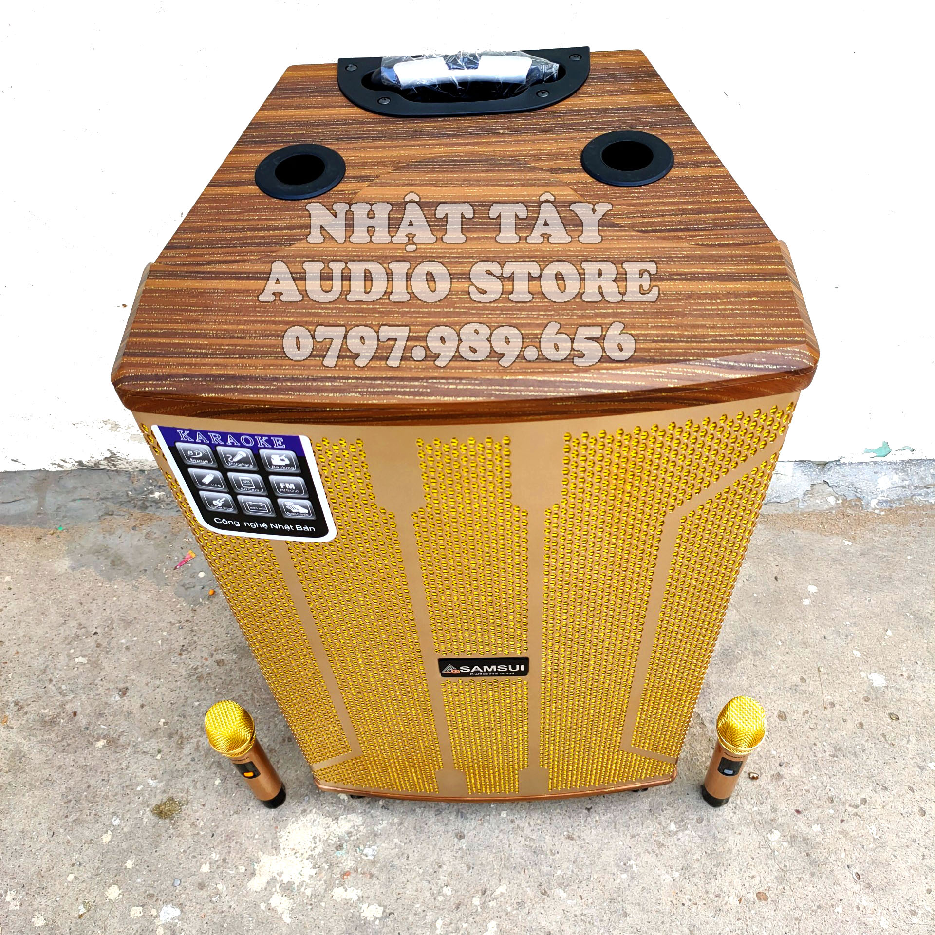 [HCM][Trả góp 0%]Loa kéo di động công suất lớn - SanSui 771A - loa karaoke gỗ 4 tấc kèm 2 micro không dây cao cấp [ Có video xem trước ]