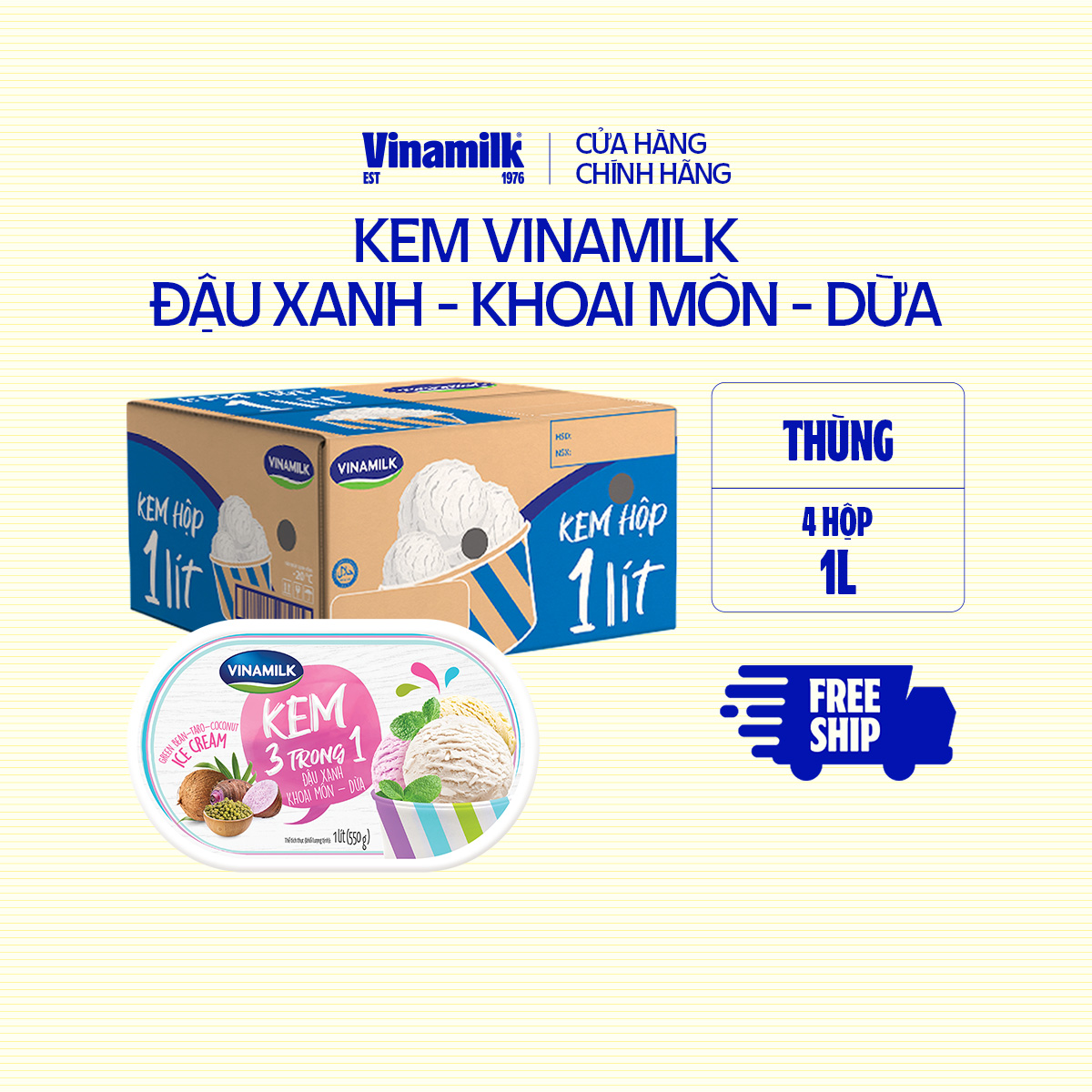 [CHỈ GIAO TRONG BÁN KÍNH 5KM] Thùng 4 hộp Kem Đậu Xanh - Khoai Môn Dừa Hộp 1L