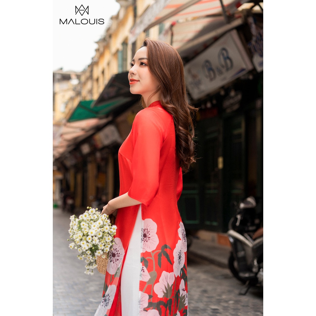 Áo dài cách tân màu đỏ cát tường chất tơ organza mềm mại cao cấp - adct126