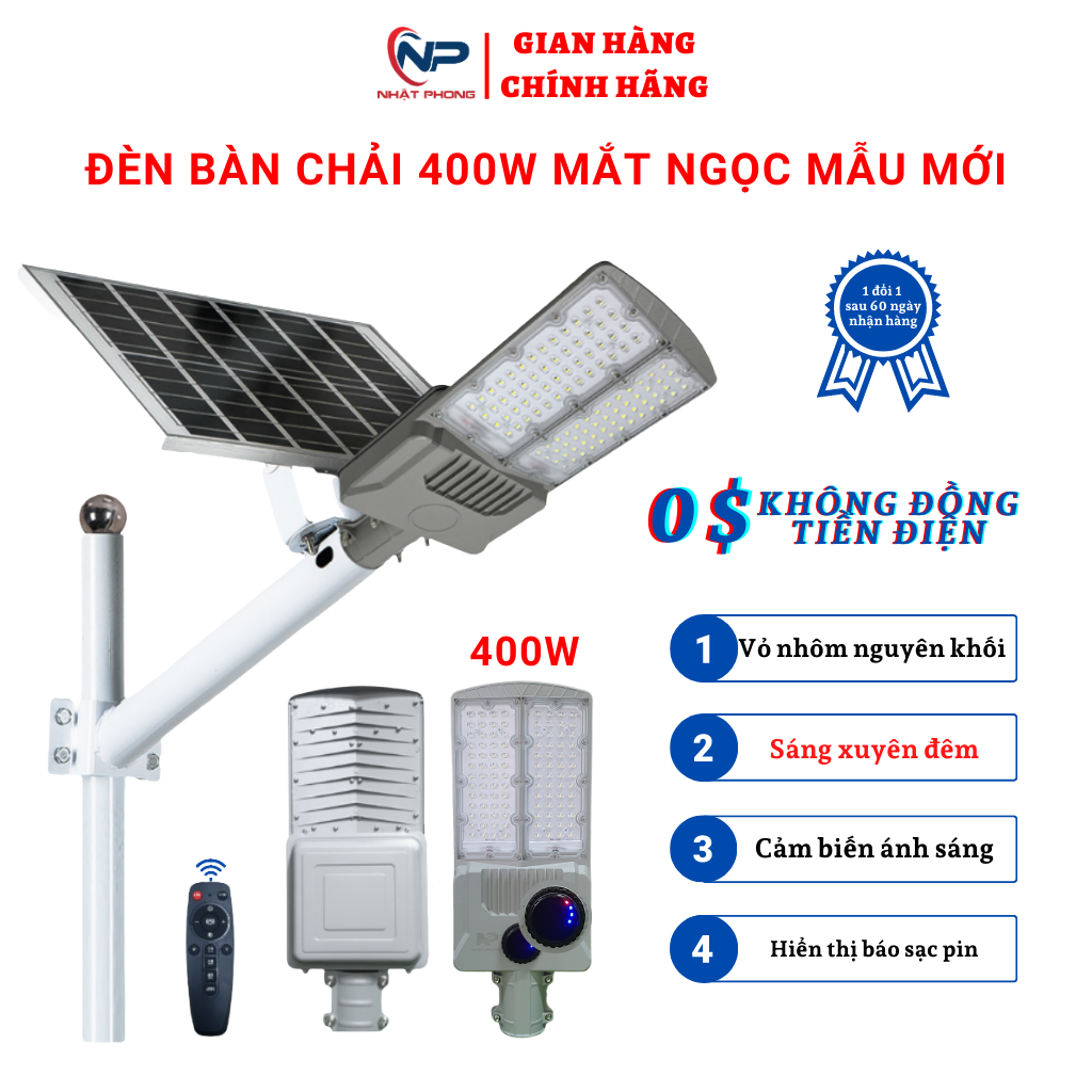 Đèn năng lượng mặt trời ngoài sânđèn led năng lượng mặt trời bàn chải 400W chip led 3030SMD bi lồi siêu sángcảm biến ánh sáng vỏ nhô nguyên khốicó điều khiển BH 2 năm