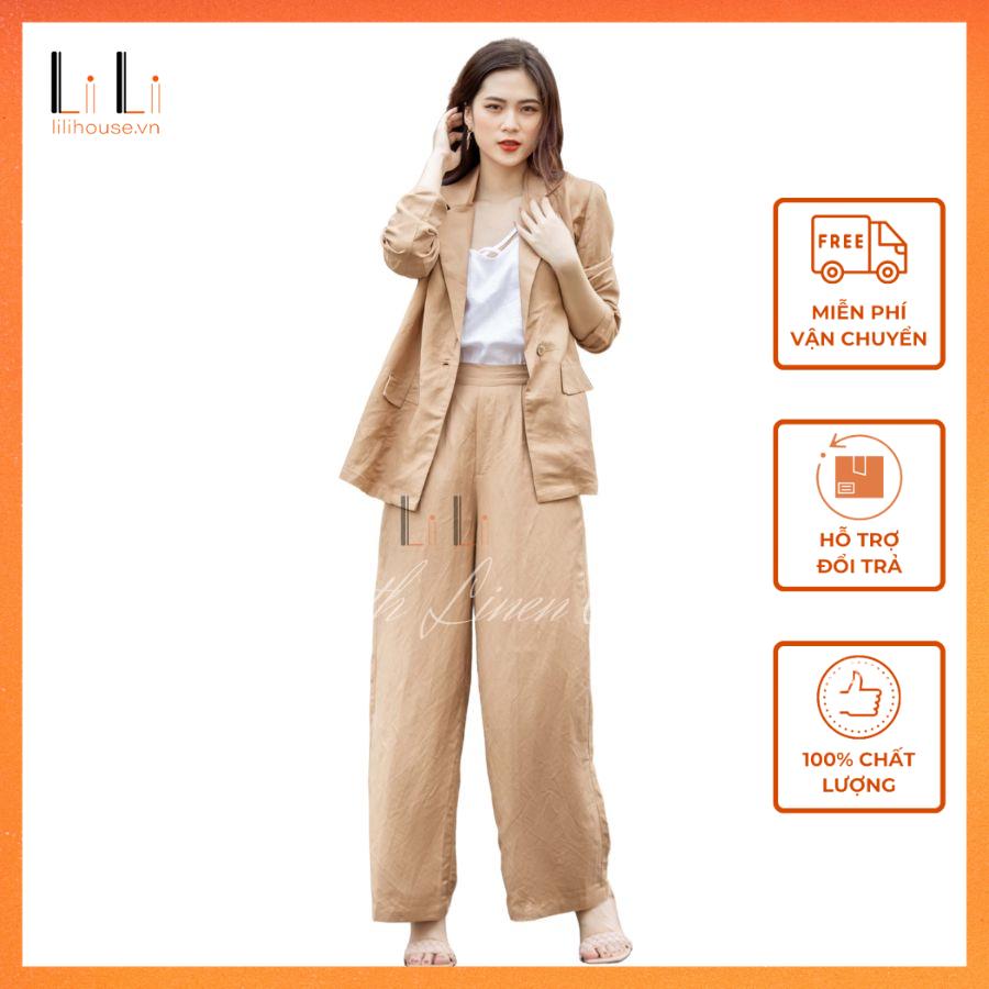 Set áo khoác blazer nữ quần suông ống rộng màu be, áo vest tay dài mặc đi làm chất vải linen thoáng mát - lili - thời trang linen