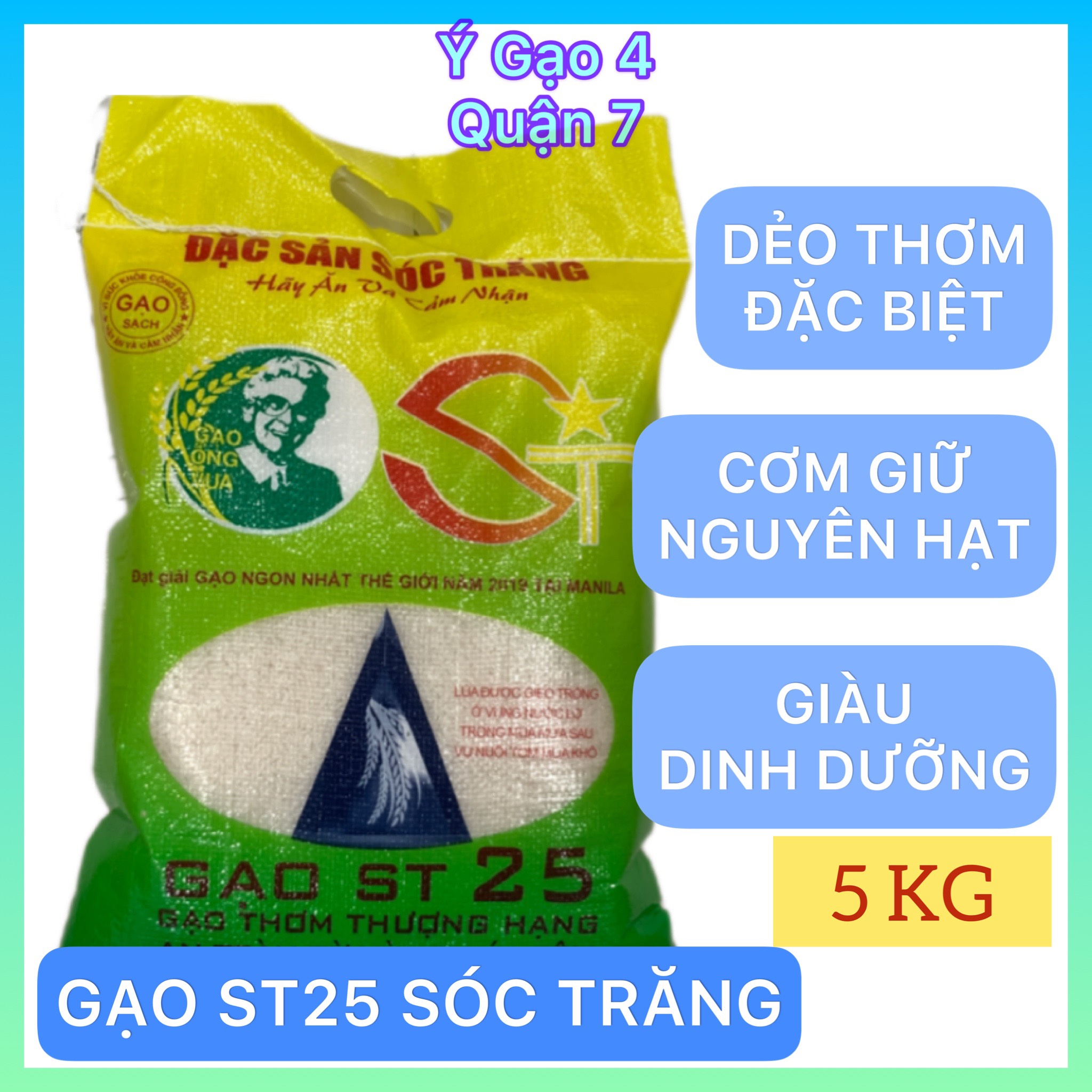 Gạo ST25 Sóc Trăng - Túi 5Kg - Giống lúa ST25 được trồng tại Sóc Trăng, đều hạt, dẻo vừa, ngọt thơm cơm dù cho cơm đã nguội
