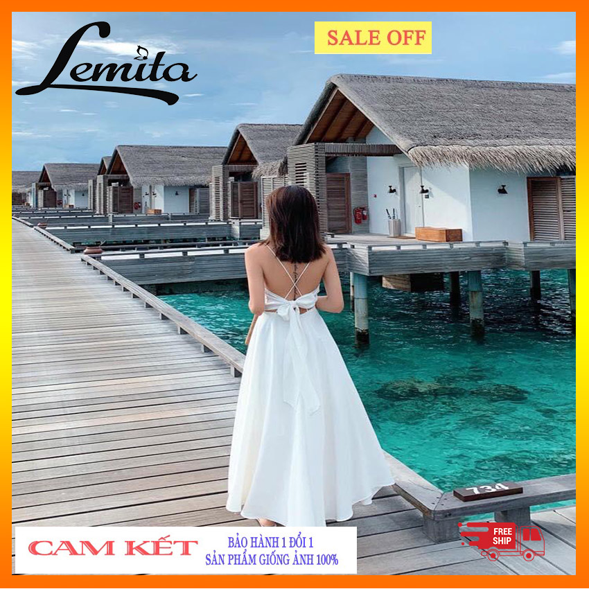 Đầm maxi trắng nơ lưng dây chéo đi biển chụp hình cưới, đi tiệc sang trọng DM3928041 LEMITA