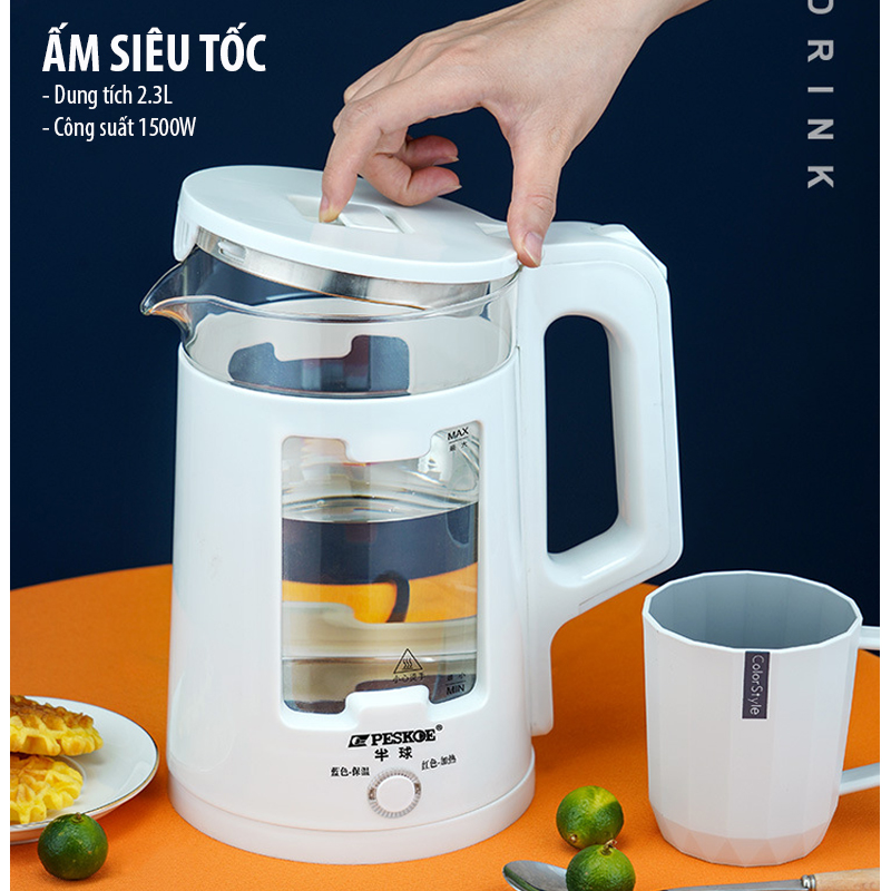 Ấm siêu tốc - Ấm đun nước thủy tinh công suất lớn 1500W dung tích 1.8L