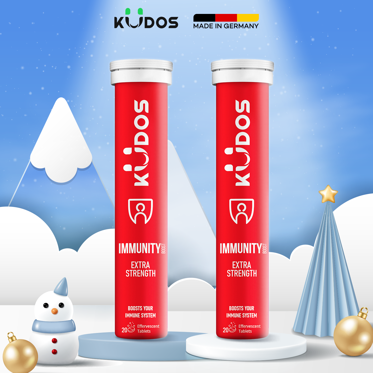 Combo 2 Tuýp Viên sủi KUDOS IMMUNITY bổ sung Vitamin (C,D3,E,Kẽm, Selen) hỗ trợ gấp đôi đề kháng, hệ miễn dịch khỏe (20 viên/ tuýp)