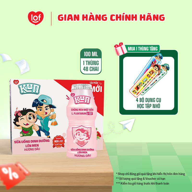 Sữa chua uống KUN dinh dưỡng lên men vị dâu thùng 48 chai x 100ml