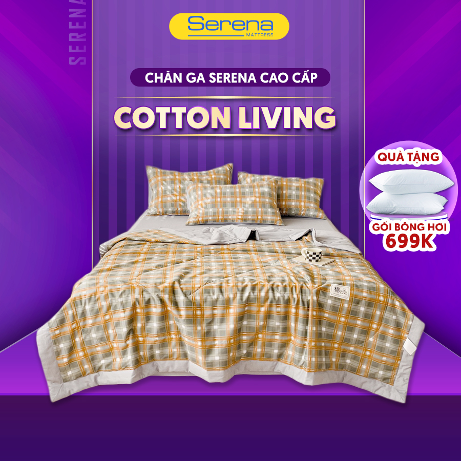 Bộ chăn ga gối nệm đẹp 5 món cotton living SERENA chính hãng chuẩn khách sạn 5 sao bộ ga ra grap drap gối mền nệm đệm đệm 5 món cotton living bọc trải phủ giường trần chần bông cao cấp