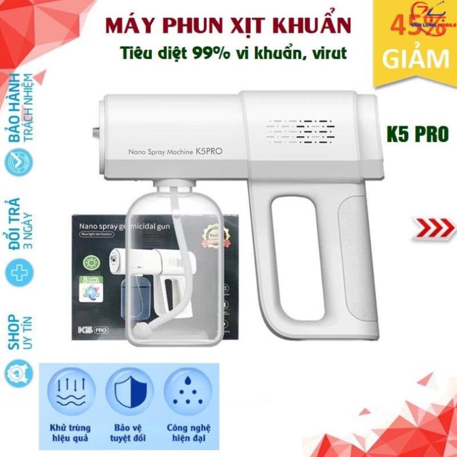 Máy xịt khử khuẩn cầm tay phun sương nano diệt khuẩn K5 Pro cao cấp với 8 mắt UV, phun diệt khuẩn xa 1.5m Loại cao cấp