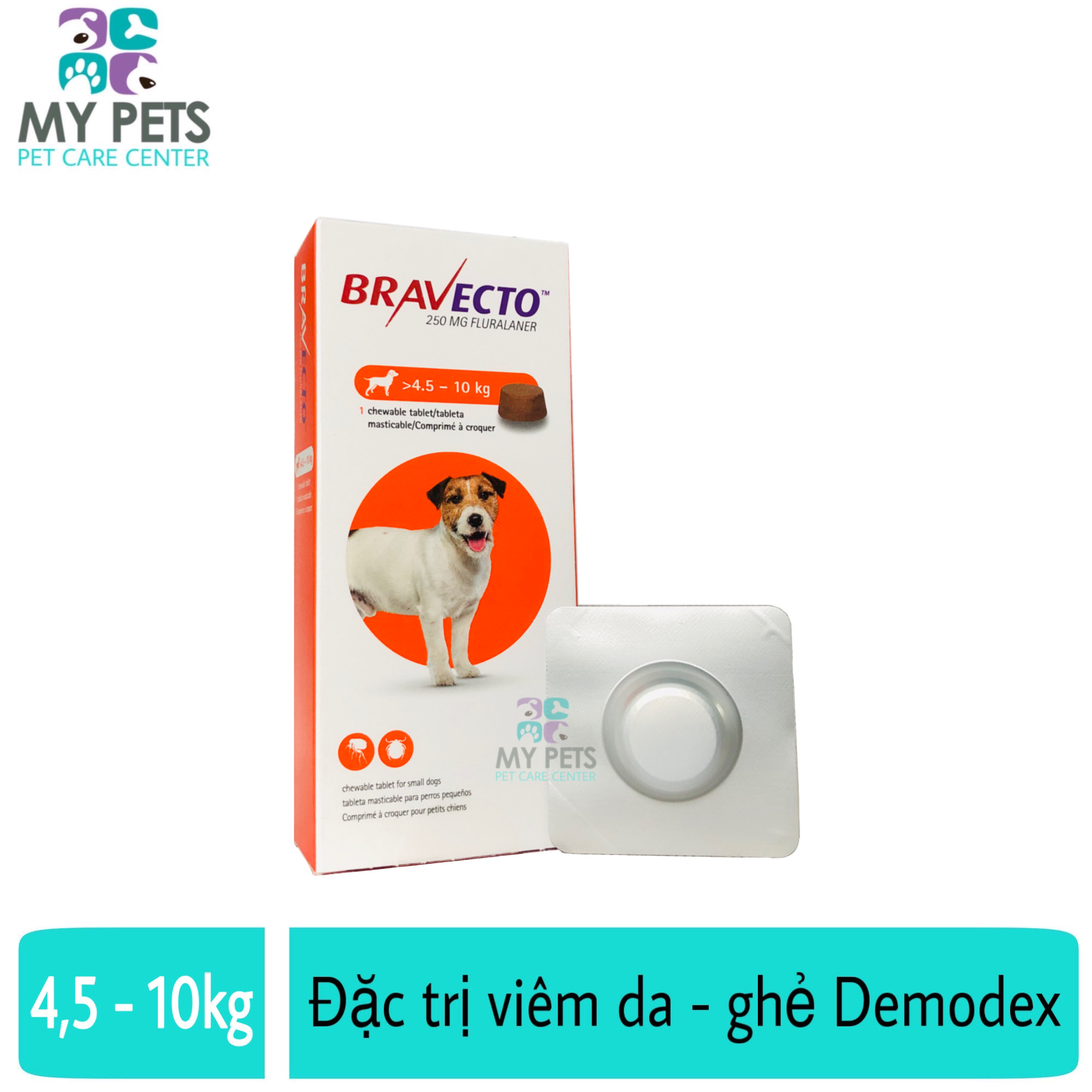 Thuốc trị ve bọ chét viêm da ghẻ máu demodex cho chó - Bravecto 4,5 - 10kg