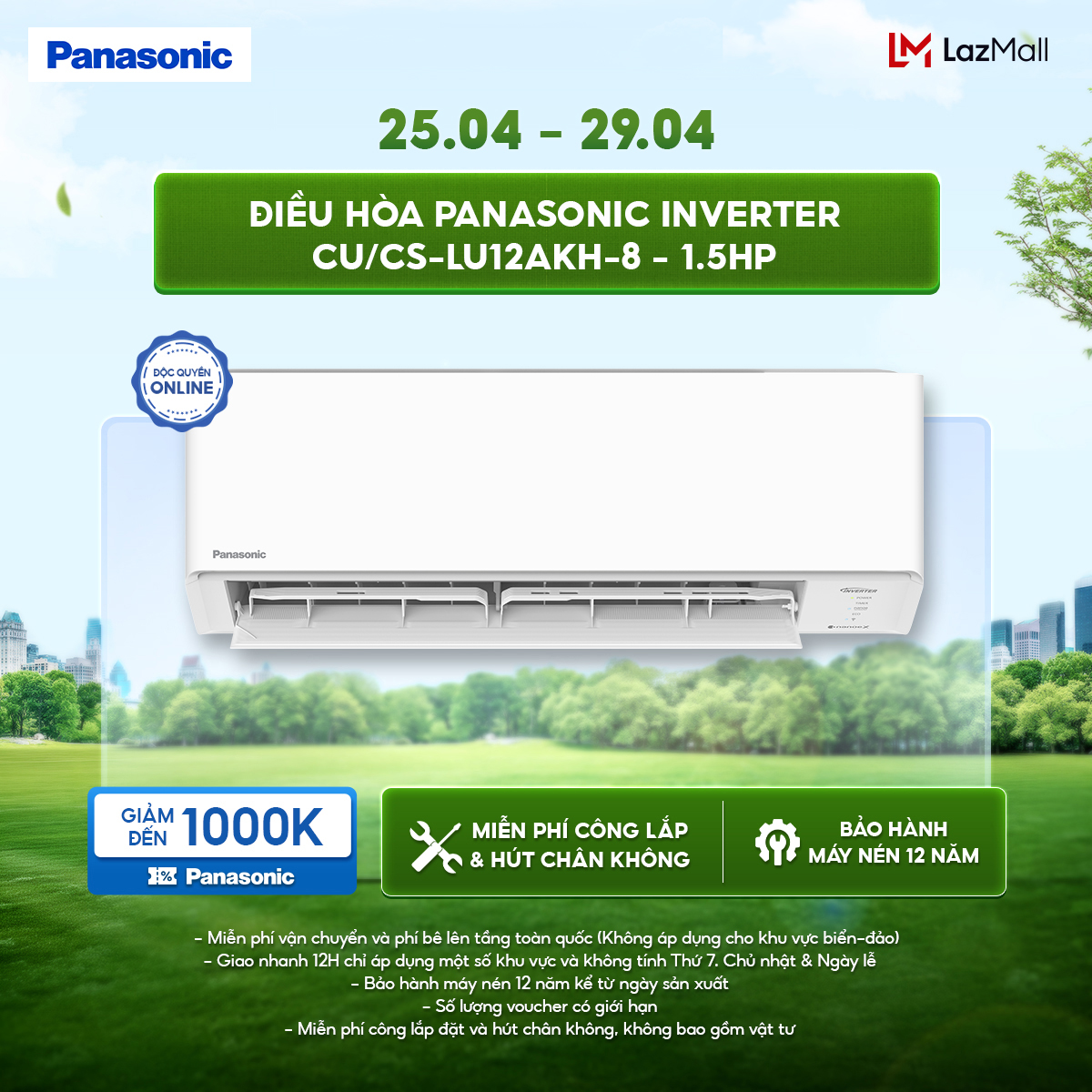 [SẴN HÀNG MIỀN NAM ] [Độc quyền Online]Máy lạnh/ Điều hòa Panasonic Inverter CU/CS-LU12AKH-8 - 1.5HP - Một chiều - Eco AI - Lọc sạch không khí NanoeX - Wifi