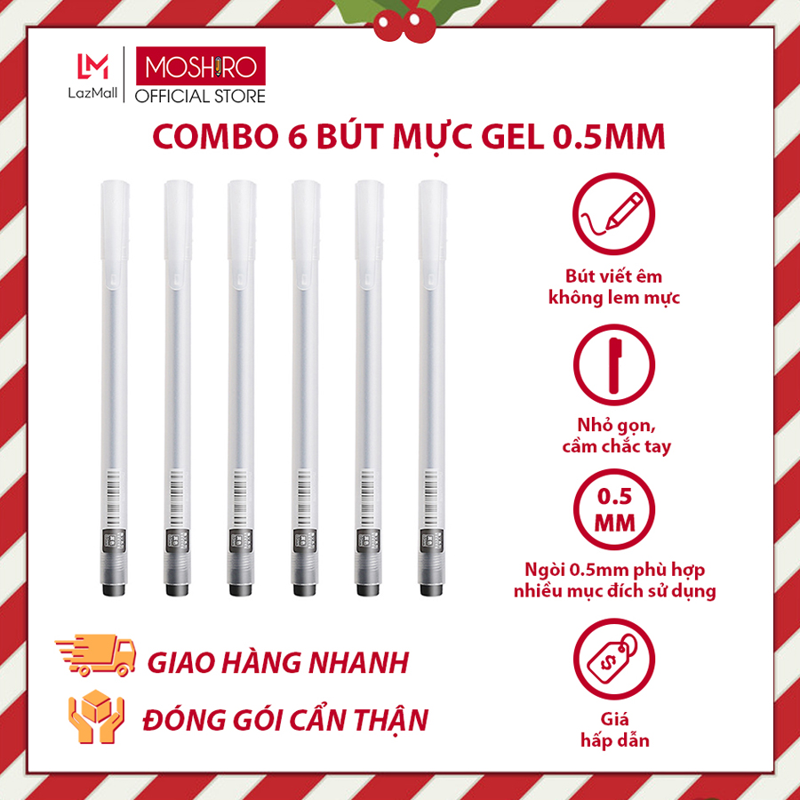 Combo 6 Bút bi nước mực gel Moshiro ngòi 0.5Mm mực đều nét chữ đẹp đủ màu đen xanh đỏ viết khô nhanh