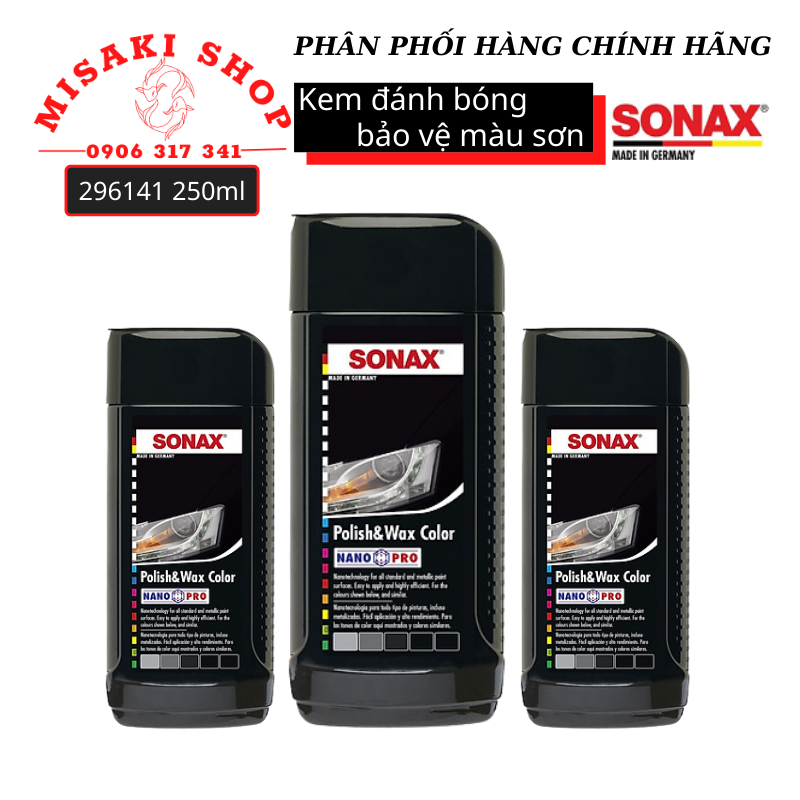 Kem đánh bóng bảo vệ sơn xe 296141 250ml sonax polish & wax color black | misakishop