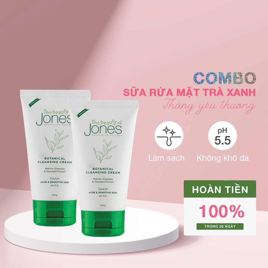 Combo 2 tuýp Sữa rửa mặt da mụn nhạy cảm từ trà xanh tảo biển The Beauty of Jones