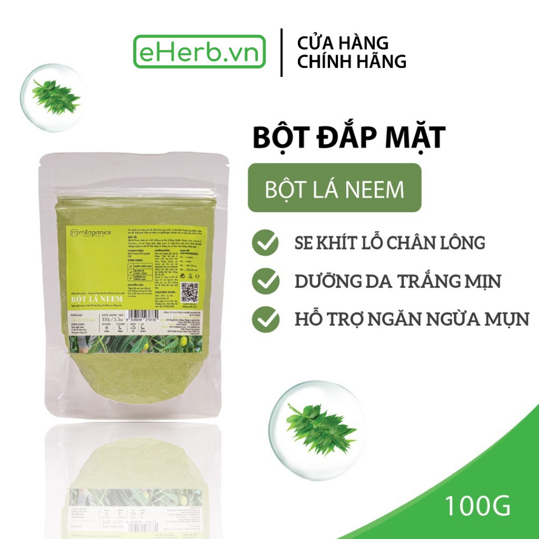 Bột Lá Neem Nguyên Chất Đắp Mặt Nạ Ngừa Mụn, Trắng Da - Chứng nhận TCCS MILAGANICS 100gr (Túi Zip) - eherb
