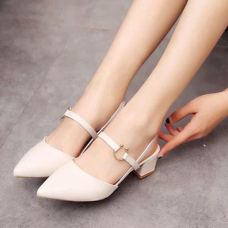 Giày sandal cao gót  thời trang mũi nhọn quai mảnh phối dây tinh tế ôm chân đế vuông cao 5cm