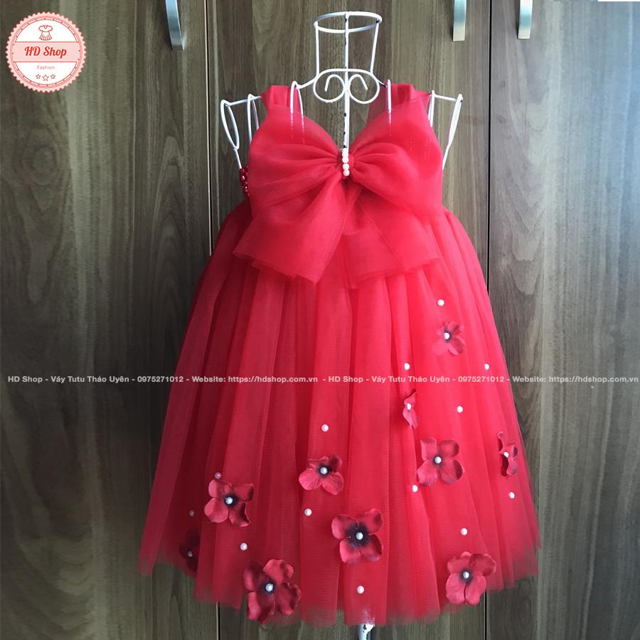 Đầm tutu công chúa đỏ nơ tú cầu đỏ