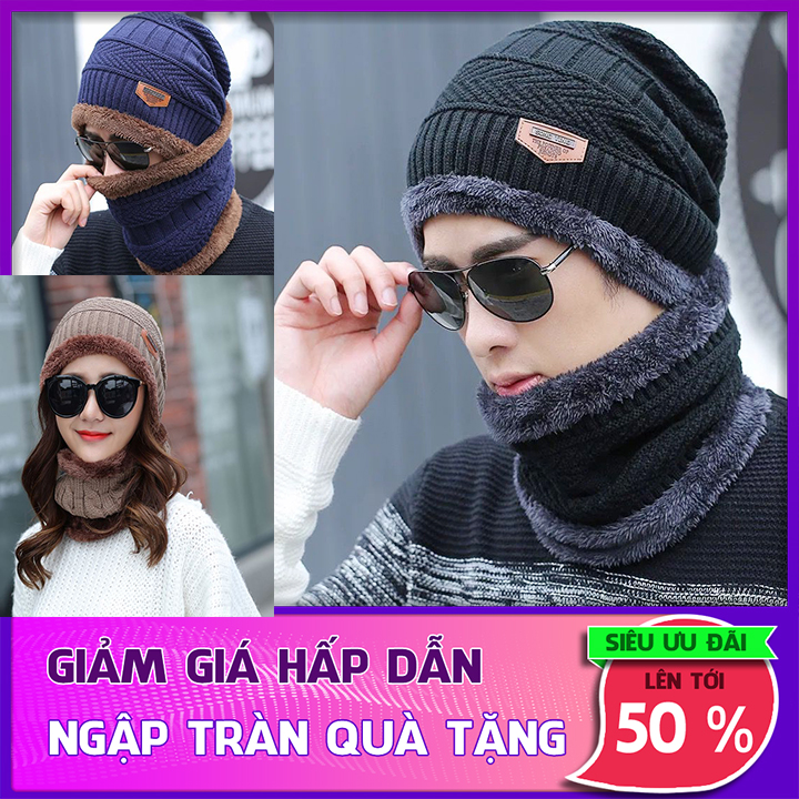 Set mũ len beanie kèm khăn choàng cổ lót lông nam nữ giữ ấm cho mùa đông