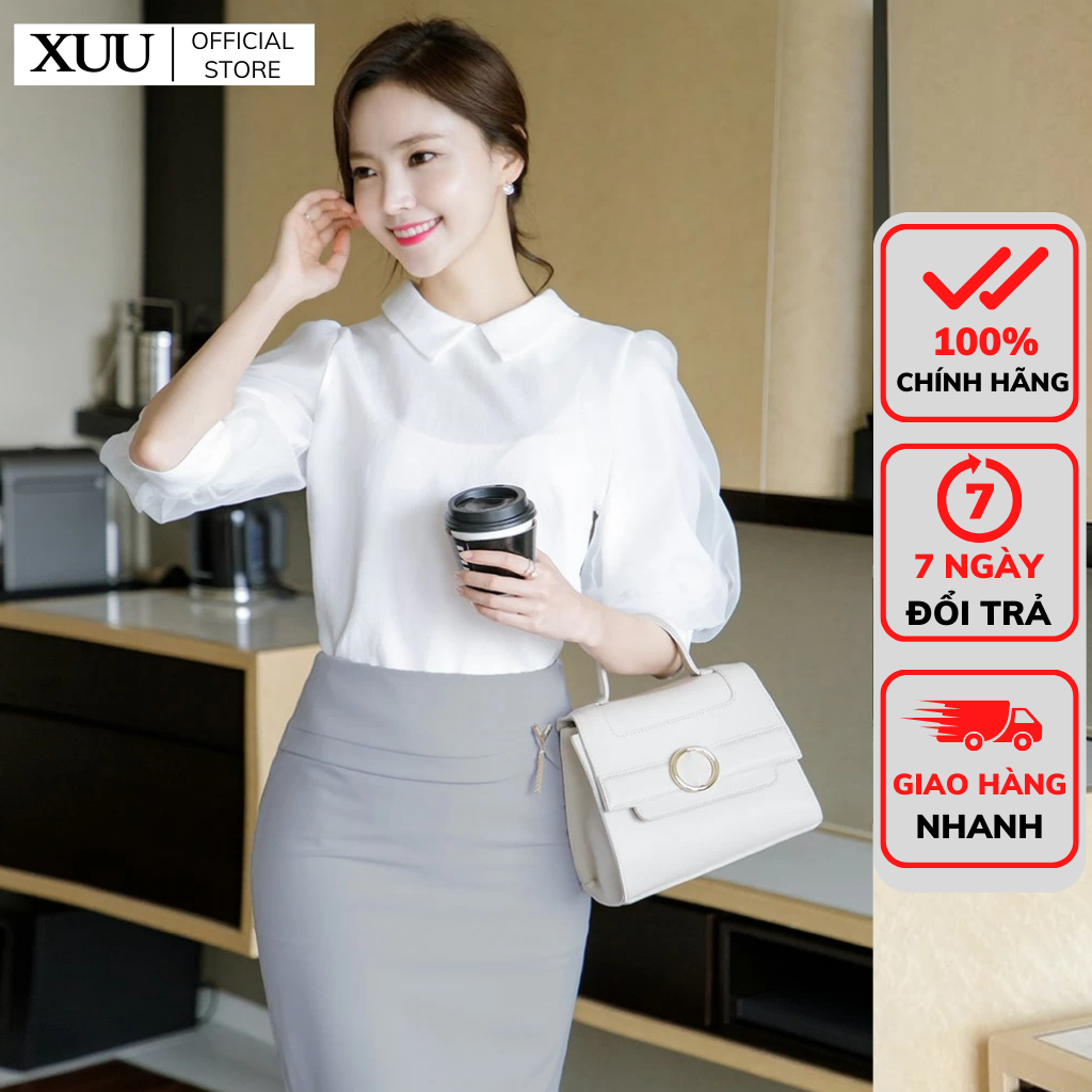 Áo sơ mi nữ trắng công sở tay lỡ, áo kiểu nữ tay phối voan mỏng Xu11