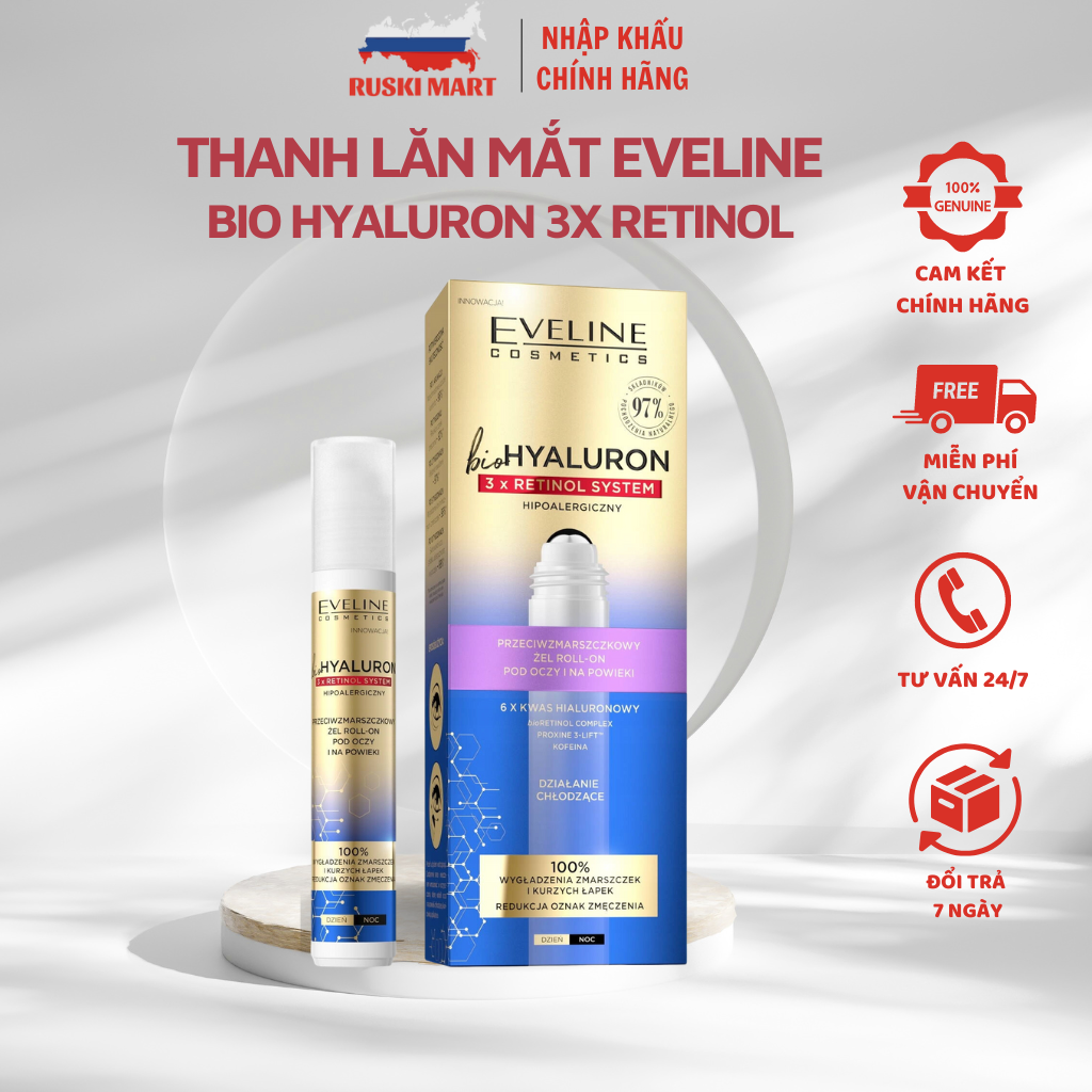 Thanh Lăn Mắt Eveline Bio Hyaluron 3x Retinol Nga 15ml Giúp Giảm Bọng Mắt, Giảm Quầng Thâm Mắt, Giảm Nếp Nhăn Khóe Mắt hiệu quả - Ruski Mart