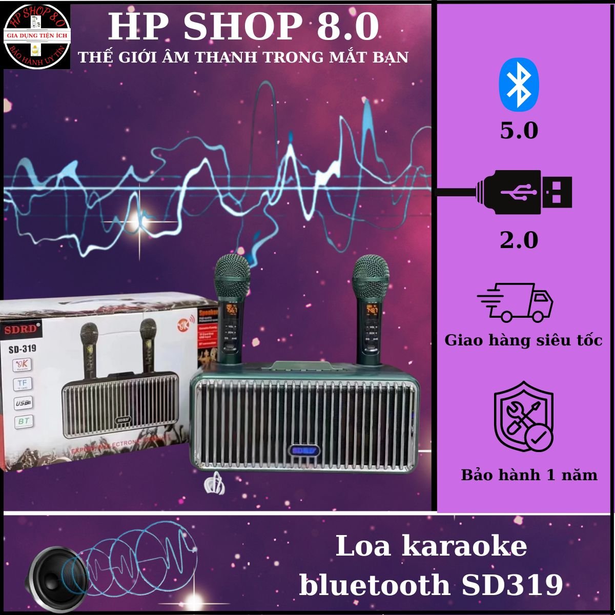 Loa karaoke bluetooth SD319 - Loa mắt cú nâng cấp - Phiên bản cao cấp của SD306 - Tặng kèm 2 micro không dây có màn hình LCD - Sạc pin cho micro ngay trên loa - Chỉnh bass treble echo ngay trên micro - Loa xách tay du lịch cực chất.