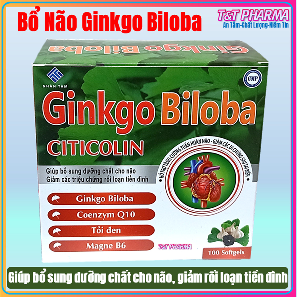 Hoạt huyết dưỡng não Ginkgo  Citicolin USA 240mg giảm đau đầu, hoa mắt, chóng mặt, mất ngủ, rối loạn tiền đình - Hộp 100 viên Ginkgo Biloba chuẩn GMP