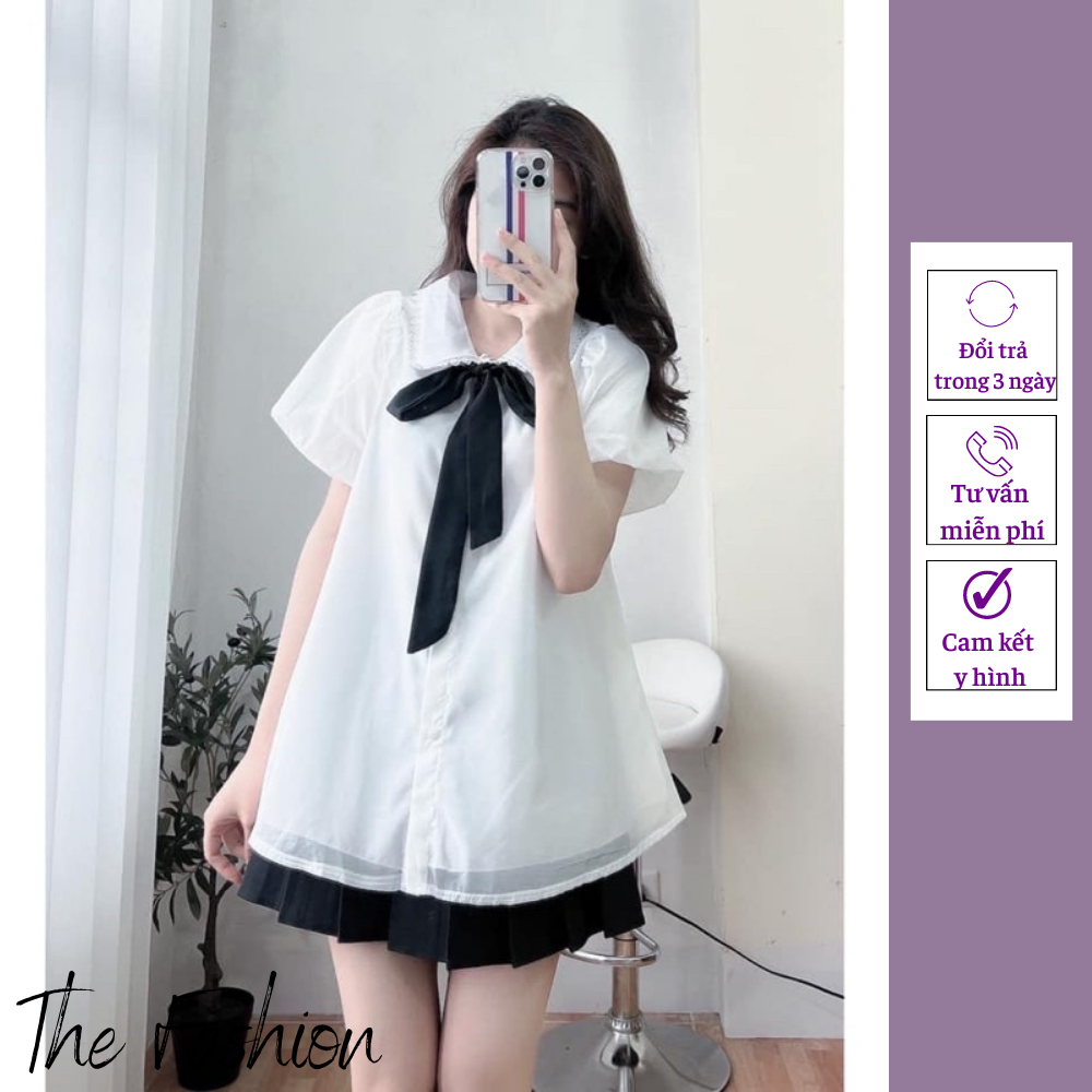 Áo babydoll voan cổ bèo viền ren voan thắt nơ đen giấu quần tay bồng dáng xòe