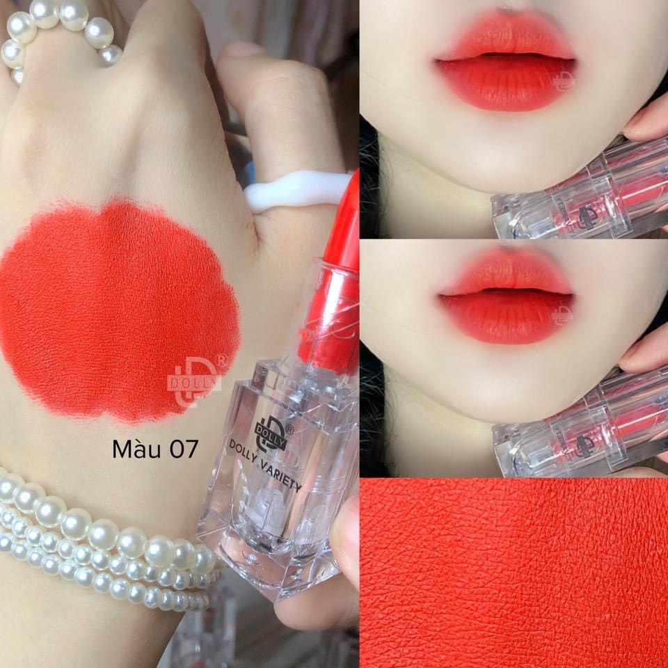 Son sáp màu đỏ cam – son sáp phủ phấn dolly không chì siêu lì mềm môi mới nhất