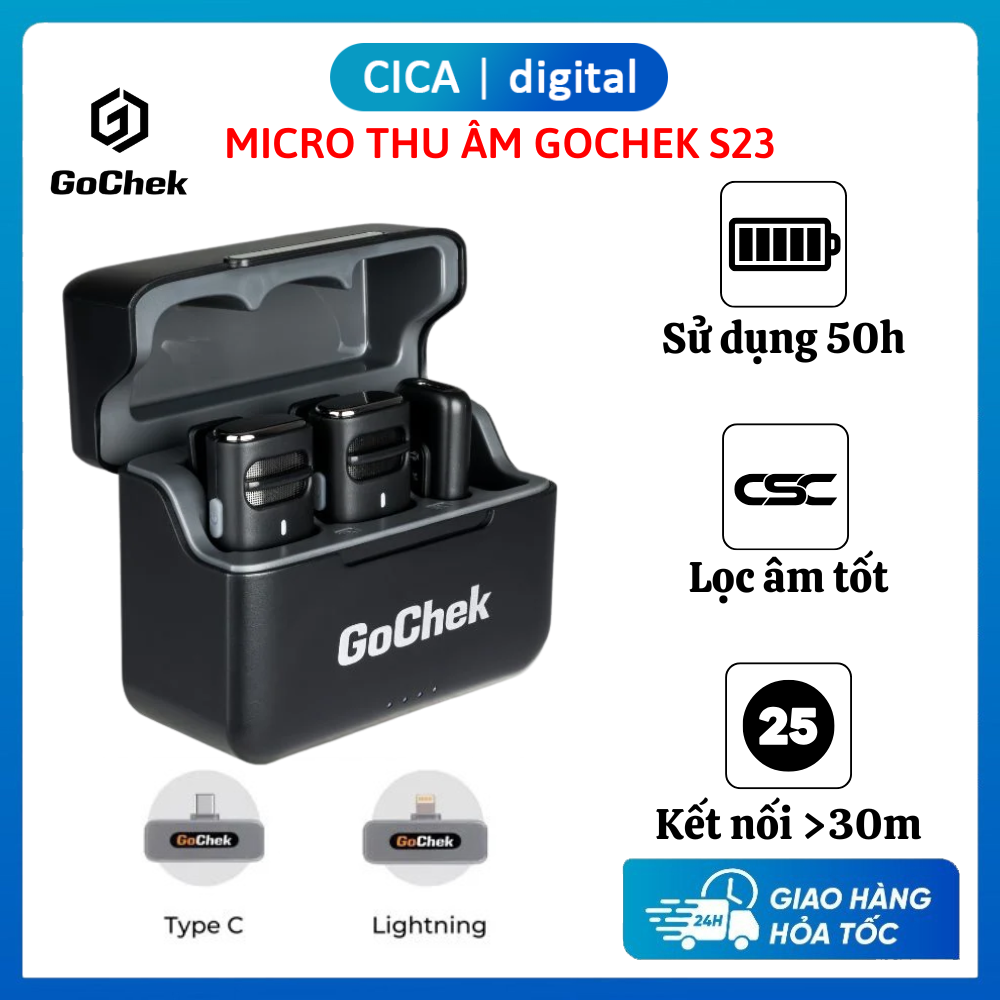 Micro thu âm không dây GoChek kèm Dock sạc lọc tạp âm khi live/quay video/ ghi âm cho điện thoại/máy tính GC-C/D S23, Bảo hành 24 tháng