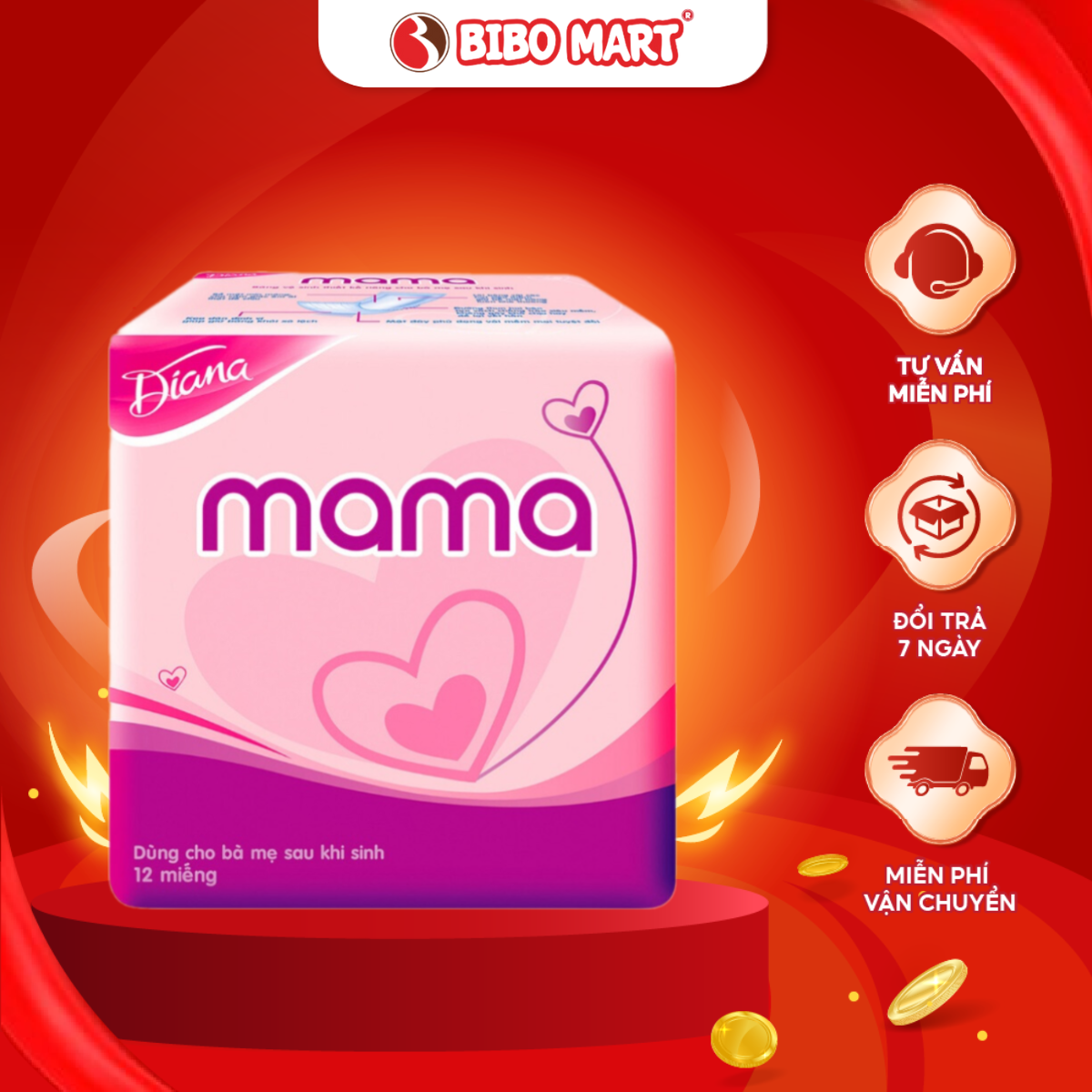 Băng Vệ Sinh Mama Cho Mẹ Sau Sinh Mềm Mại Êm Ái Thấm Hút Tốt Bịch 12 Miếng - Bibo Mart