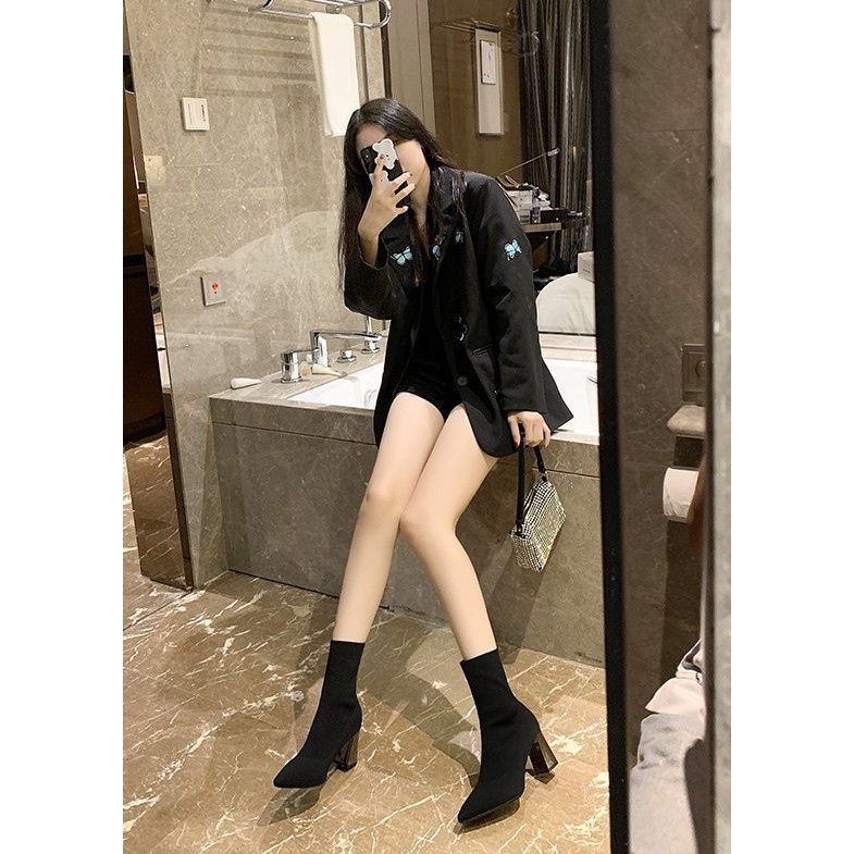 ▫✉◙  Boot nữ cao cổ boot Len Cổ Lửng Gót Trụ Bạc Tráng Gương Cao 7 phân Hàng Quảng Châu