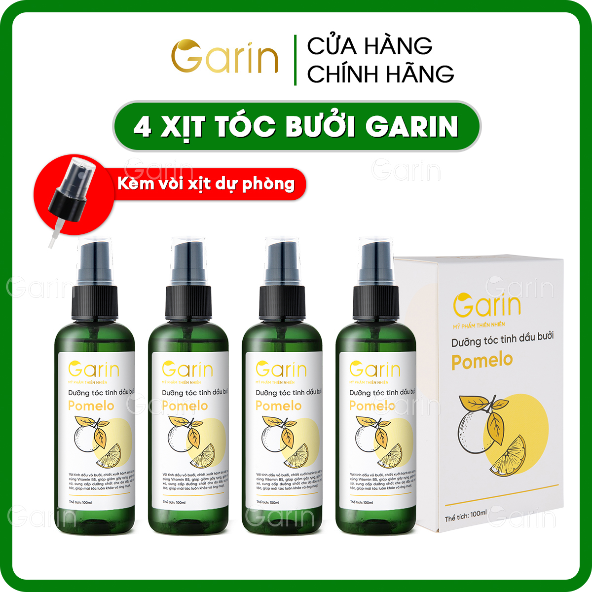 Bộ 4 chai tinh dầu bưởi xịt mọc tóc nhanh pomelo Garin dưỡng tóc kích mọc tóc giảm rụng tóc rõ rệt cho tóc dày và dài hơn gấp 2 đến 3 lần
