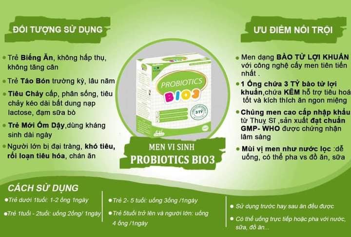 Bio3 - Probiotic: Men vi sinh cải thiện biếng ăn, táo bón, tiêu chảy cấp, trẻ mới ốm dậy, rối loạn tiêu hóa