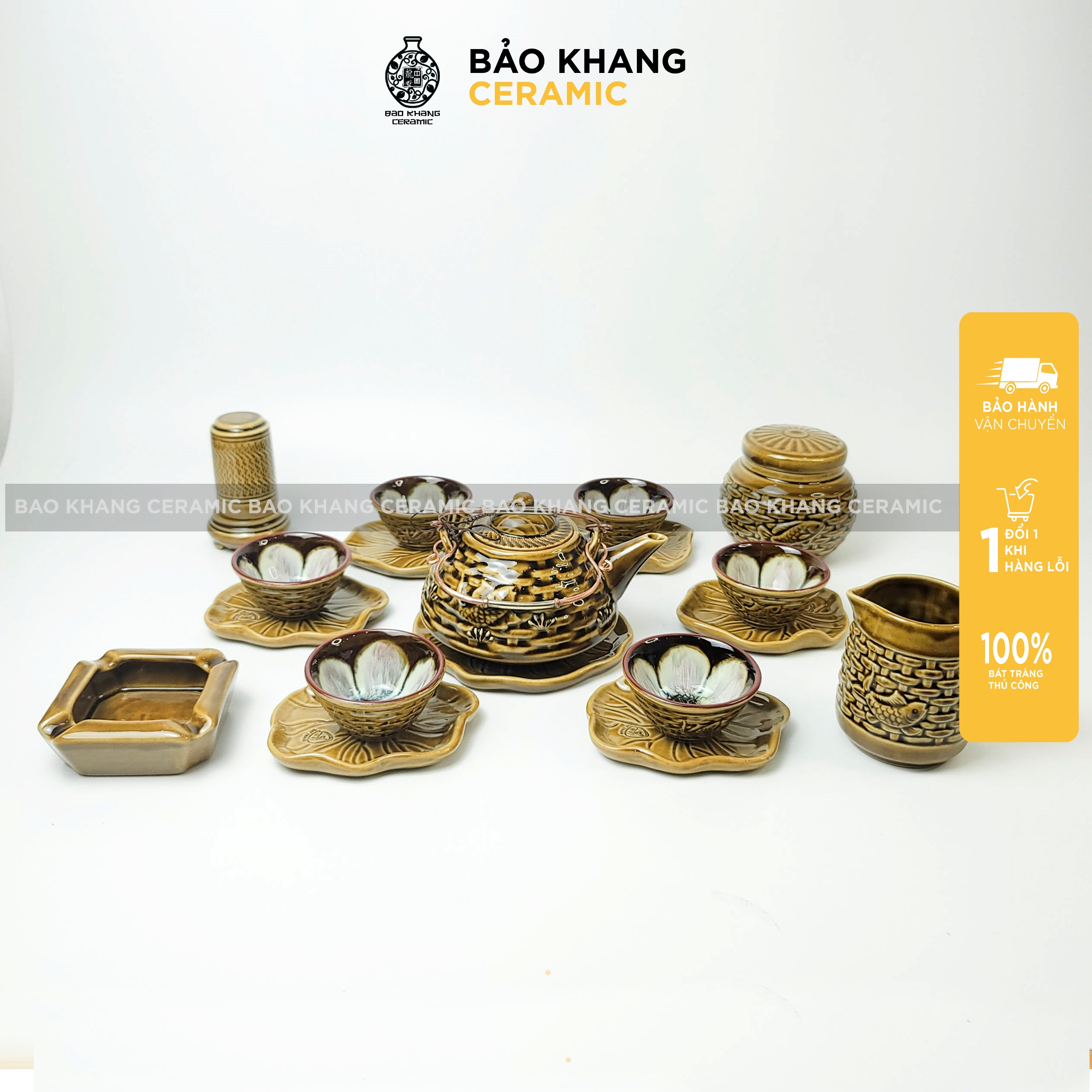 Bộ ấm chén nghệ nhân hoa nở trong lòng bộ trà giỏ cá men hổ phách tách chén trà sứ bát tràng làm quà tặng