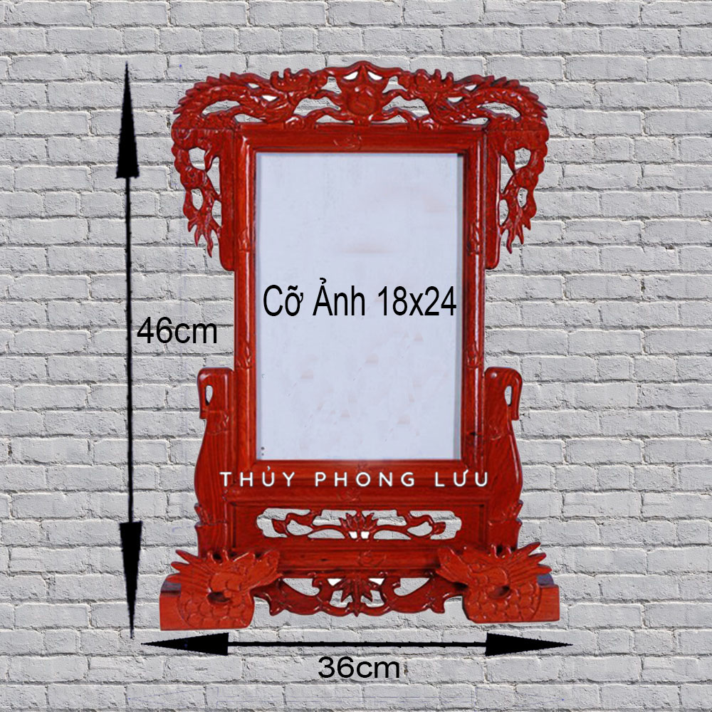 Khung ảnh thờ 18x24 đục song long rồng gỗ hương