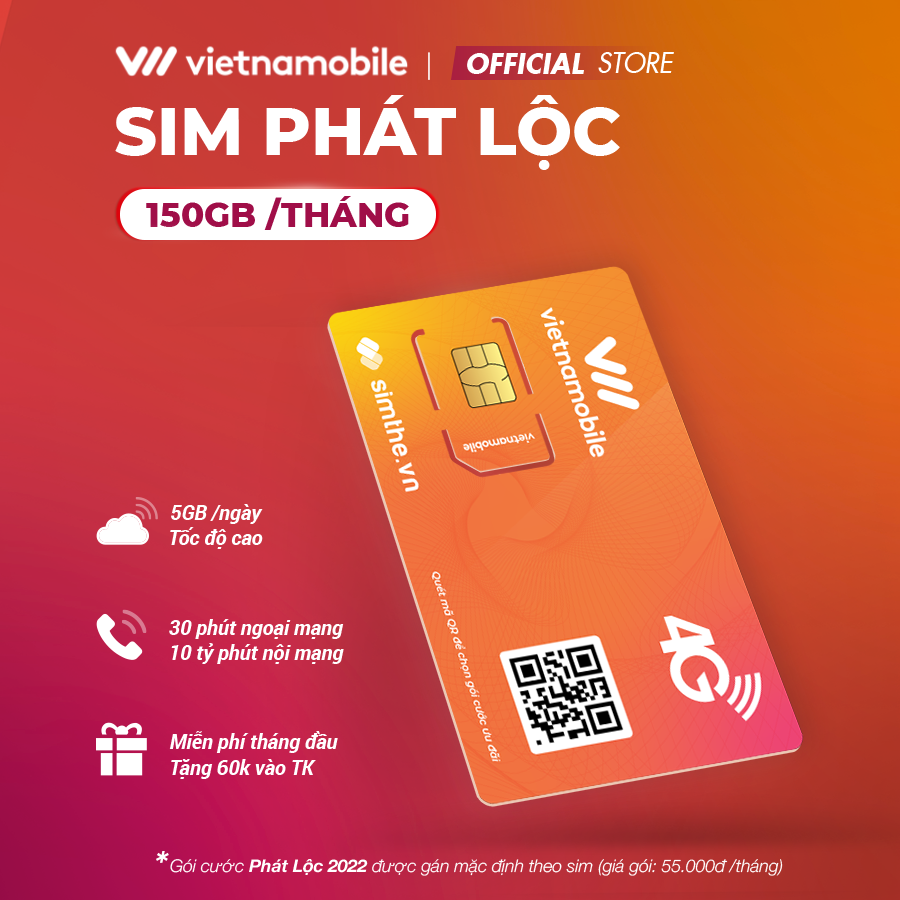 FREESHIP - CHƯA KÍCH HOẠT. Sim 4G Vietnamobile Phát Lộc Data 5Gb/Ngày(150Gb/Tháng). Miễn Phí 30P Gọi Ngoại Mạng + 1 Tỷ Phút Gọi/SMS Nội Mạng. Tặng 60K TK Chính. Sản Phẩm Độc Quyền VIETNAMOBILE - SIMTHE.VN