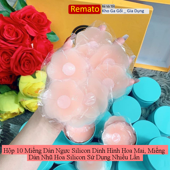 Hộp 10 miếng dán ngực silicon dính hình hoa mai, miếng dán nhũ hoa silicon sử dụng nhiều lần