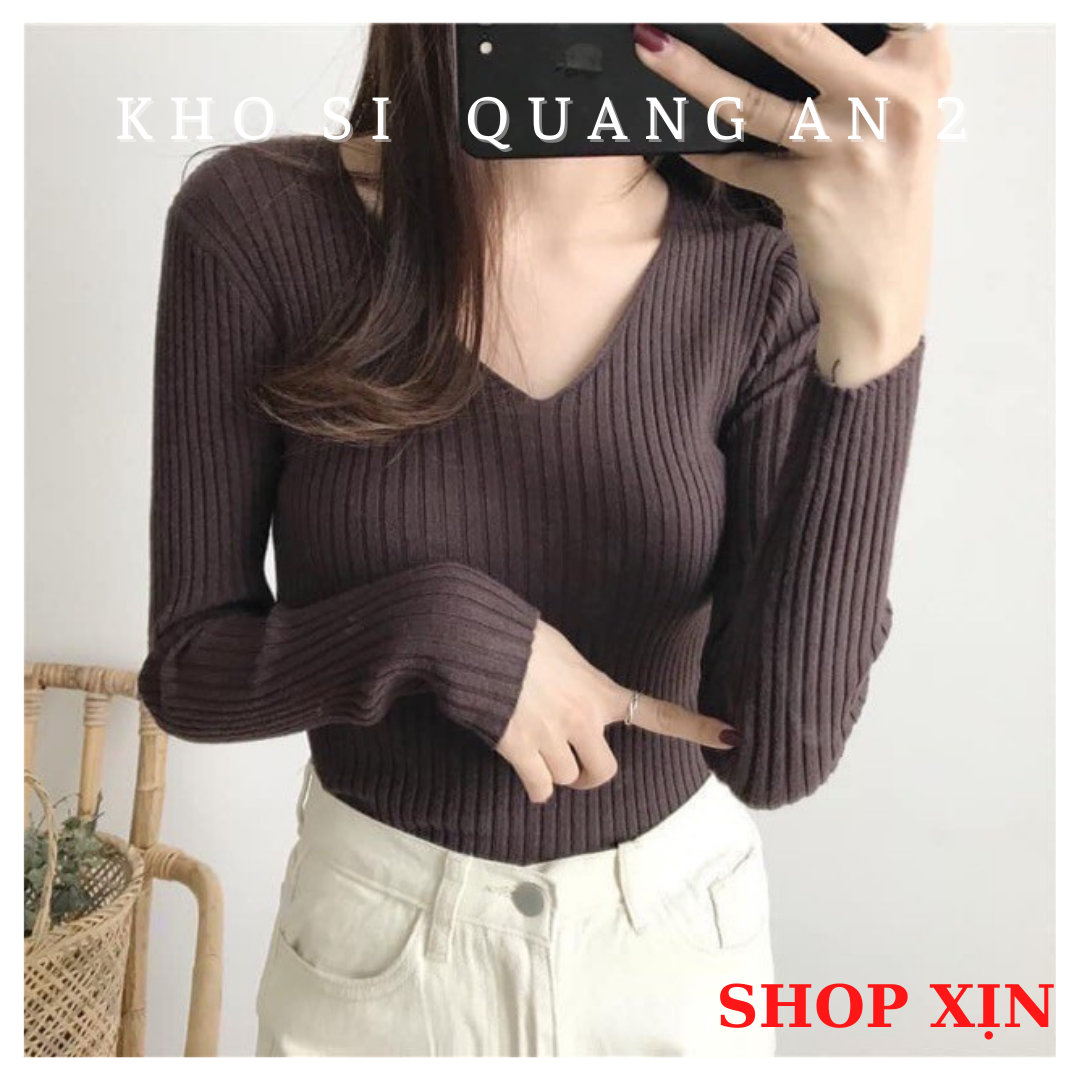 Áo len nữ cổ tim chữ V tay dài , áo len gân cổ tim dễ thương sang chảnh quyến rũ