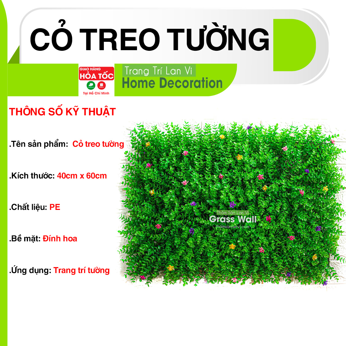 Cỏ nhựa treo tường trang trí nhà cửa có đính hoa trang trí không gian nhà cửa