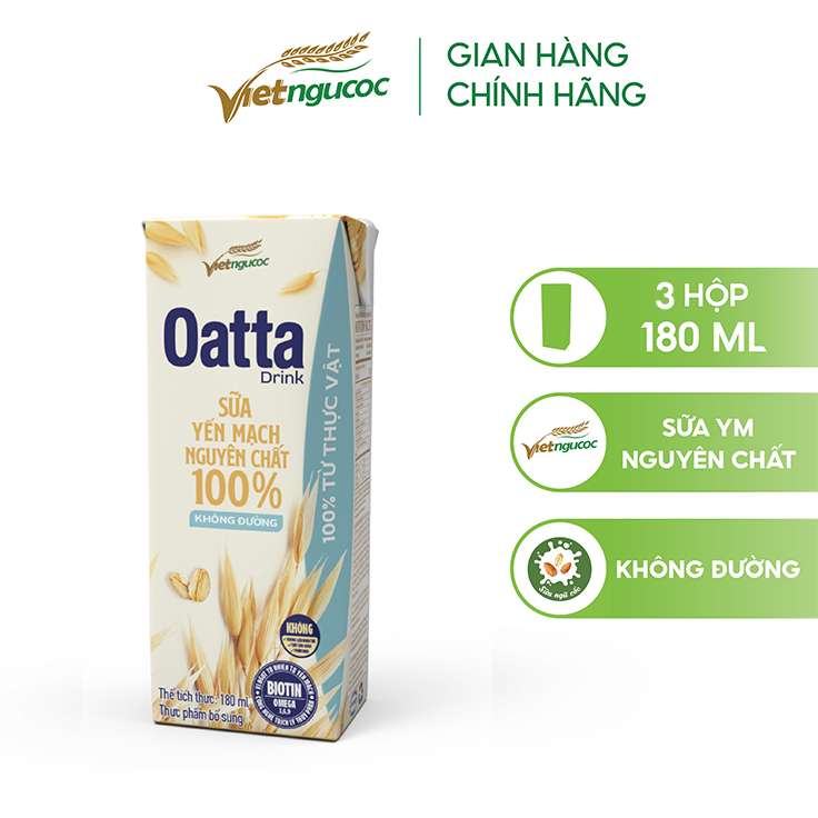 Lốc 3 Hộp Sữa Yến Mạch Nguyên Chất OATTA Drink Không Đường 180ml
