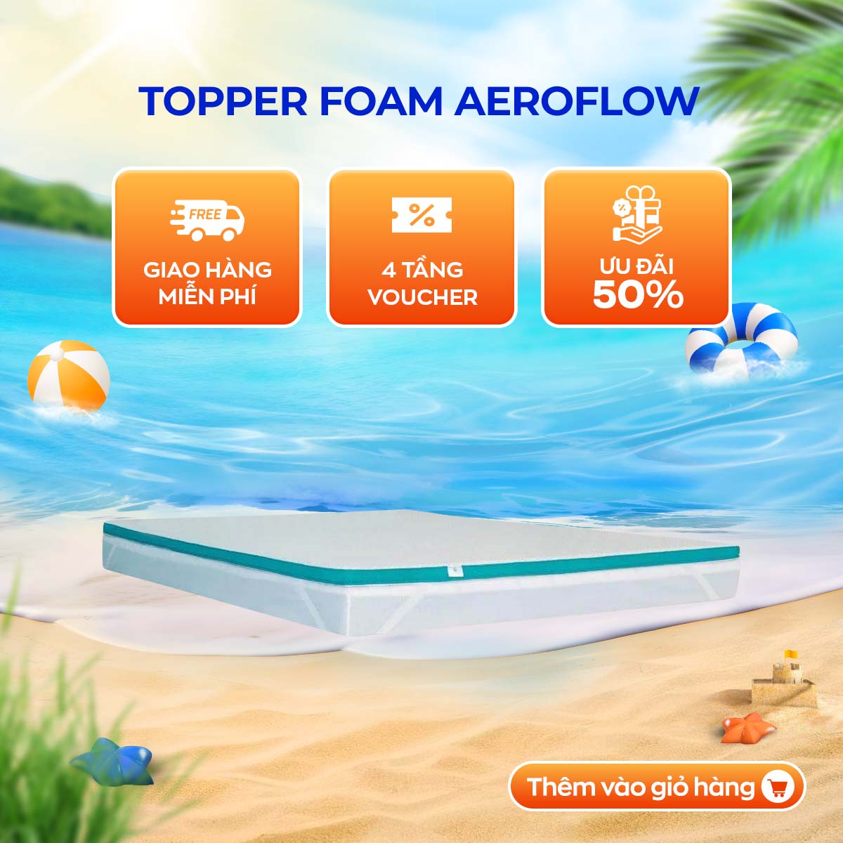 Topper foam Aeroflow cao cấp đa năng, nâng đỡ êm ái, thiết kế 2 mặt linh hoạt