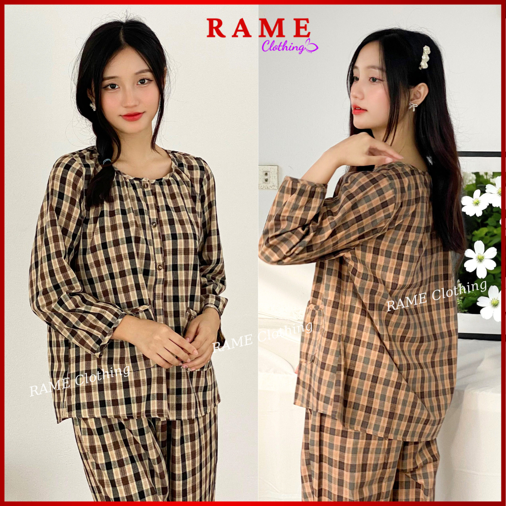 Đồ ngủ pijama đồ bộ nữ dài tay rame chất thô mềm mại mát có túi kẻ caro