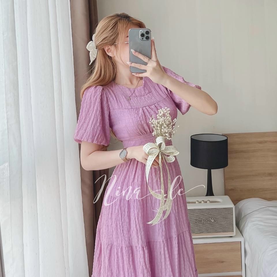 Đầm xốp tay phồng dáng xòe cổ tròn siêu đẹp hợp thời trang elis dxx01