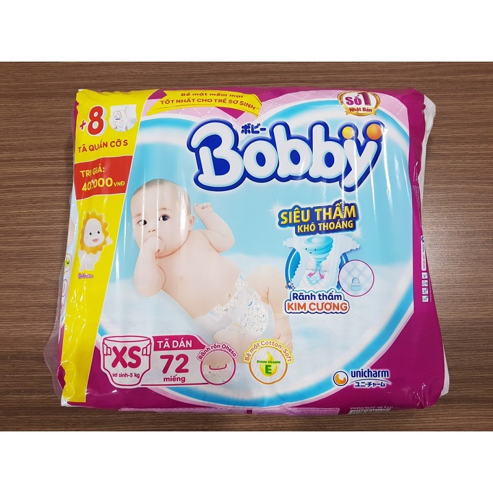 Sơ sinh tã dán bobby xs70 tặng